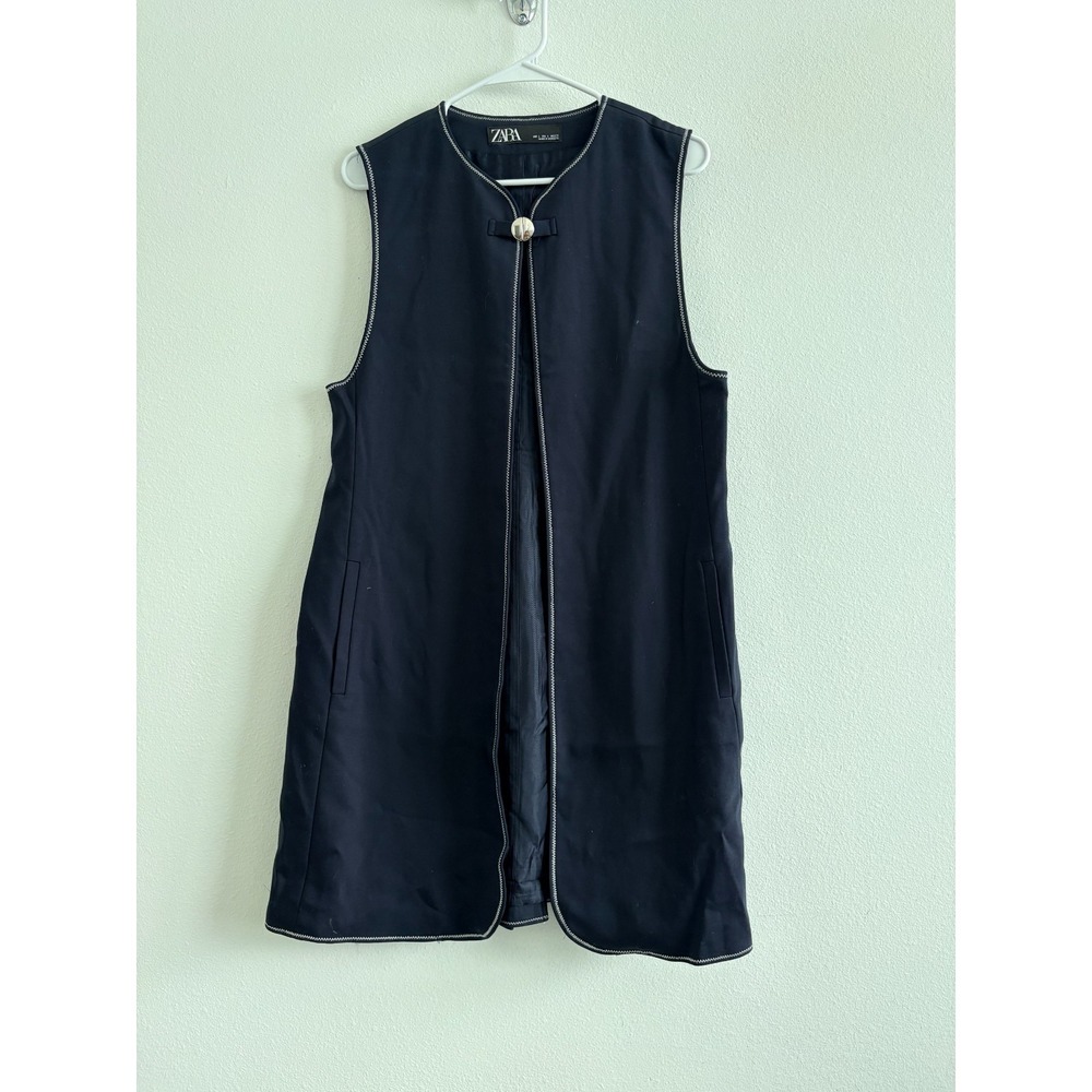 Zara Vest Long Line Blazer Women L Navy Blue Office Basic Sleeveless